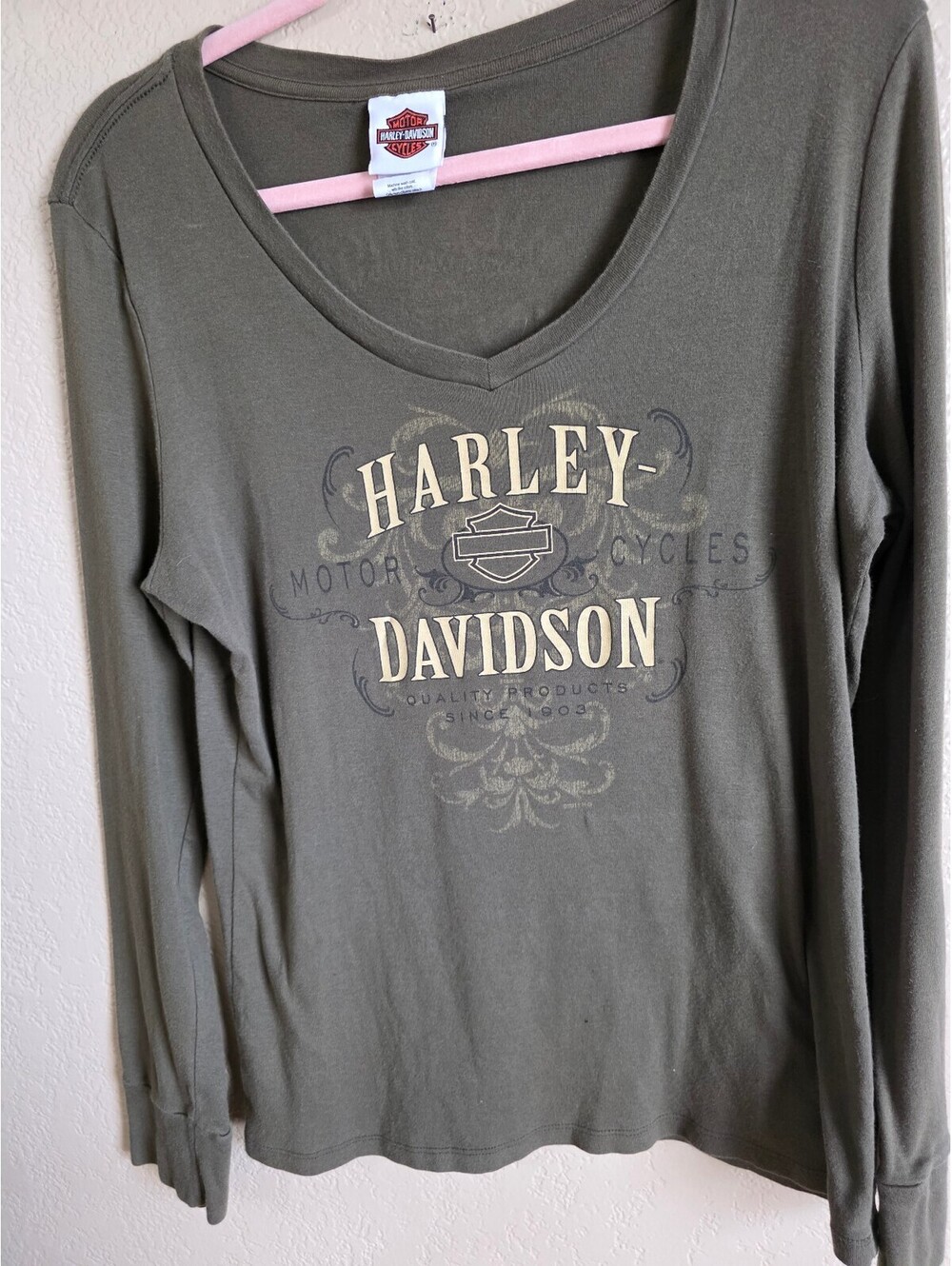 Harley-Davidson Women's Olive Green Long Sleeve V-Neck Shirt XX-Large